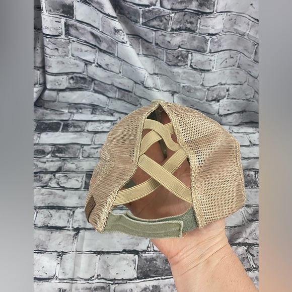 C.C. Crisscross Band Ponytail Hat ENID AXE Distressed Tan Cap - Picture 4 of 8